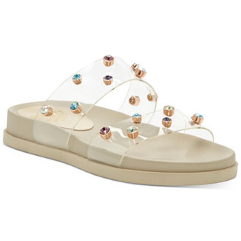 Vince Camuto Partha Clear Jeweled Studded Slide Sandal Shoes Size 9